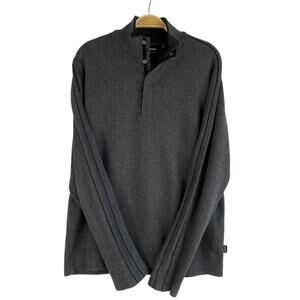 Hugo Boss Mock Neck 1/4 Snap Sweater Men L Gray Cotton Preppy Striped Sleeve